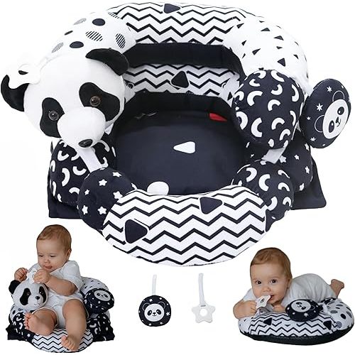 Aila+Aiden 2-in-1 Tummy Time Mat and Seated Support with Two Toys – for Newborns and Babies – Includes Detachable Cushion for Supervised Play & Head/Neck Development (Black/White)