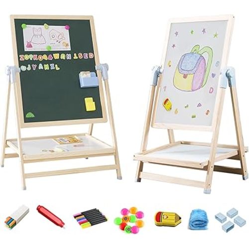 Adena Montessori Art Easel for Kids, 2 in 1 Adjustable Wooden Standing Art Easel & Toys Table Montessori Learning Furniture for 3-8 Years Old Children