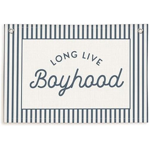 Lacama Vintage Blue Long Live Boyhood Boys Room Decor, Boy Nursery Decor, Linen Banner Wall Hanging Canvas Banner Flag Decor for Toddler Boy Room Nursery 30x20 Inch