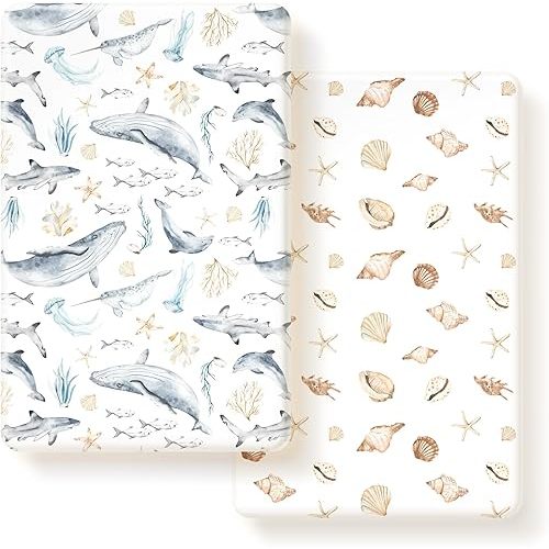 GRSSDER Stretchy Super Soft Jersey Knit Fitted Pack n Play Sheets Set 2 Pack, Universal Fitted for Portable/Mini Crib Mattresses Snug and Safe, Beautiful Marine Organism for Boys and Girls