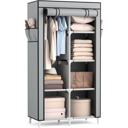 ROJASOP Portable Closet Wardrobe Closet for Hanging Clothes with 6 Storage Shelves, 1 Hanging Rod and 4 Pockets, Clothes Organizer and Storage Wardrobe Free Standing Closet for Bedroom, Grey