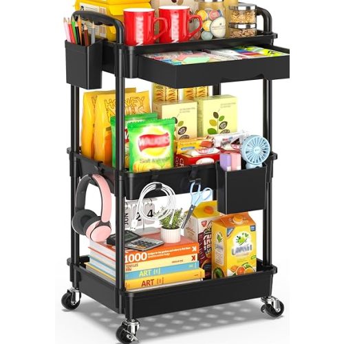 SUNALLY 3 Tier Rolling Cart with Drawer, Craft Storage Cart Organizer,Black