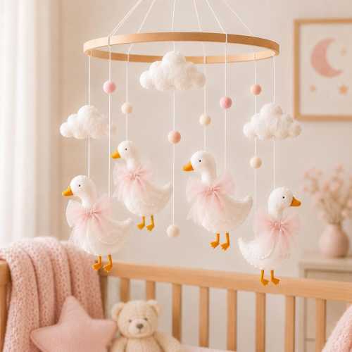 Coquette Goose Bow Baby Crib Mobile, Baby Girl Nursery Mobile, Felt Duck Mobile, Handmade Baby Crib