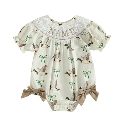 Xiaodriceee Newborn Baby Girl Duck Summer Clothes Mallard Duck Print Smocked Bubble Romper Bodysuit Hunting Outfit