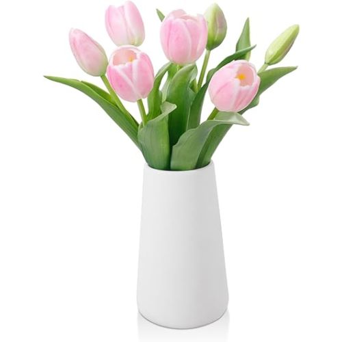 Light Pink Lifelike Artificial Tulips with Ceramic Vase, Soft-Touch Latex Fake Flowers Arrangement for Wedding Centerpieces, Modern Farmhouse Home & Office Table Party Room Decor