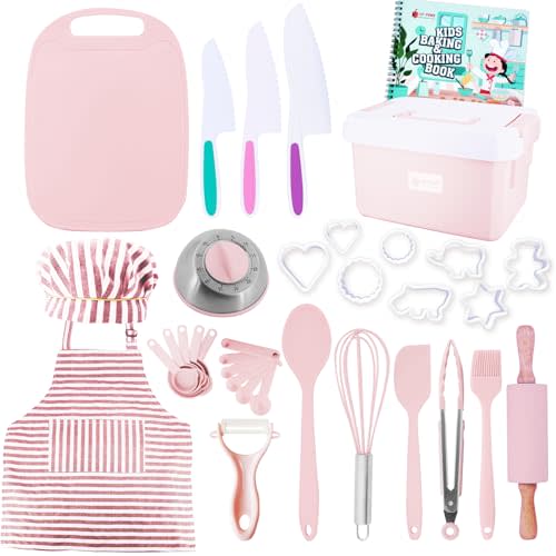 JoyTown Kids Cooking and Baking Set with Storage Case Complete Cooking Supplies for The Junior Chef with Cookbook, Knives, Timer, Kids Baking Kit for Girls & Boys Real Utensils Accessories - Pink