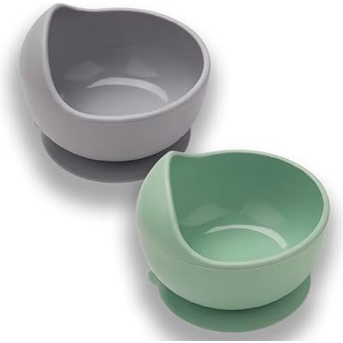 EKOSELA-Silicone Suction Scooper Bowl - High Edge for Self Feeding 2SET (Light Green + Grey)