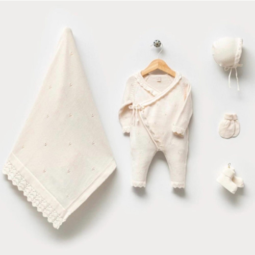 Luxury Knit Newborn Girl Coming Home Outfit: Organic Cotton, Lace Details