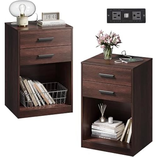 WLIVE Nightstand Set of 2 with Charging Station, Wood Night Stand Sets with 2 Drawers and Open Shelf, Bed Side Tables Bedroom, Living Room, Espresso