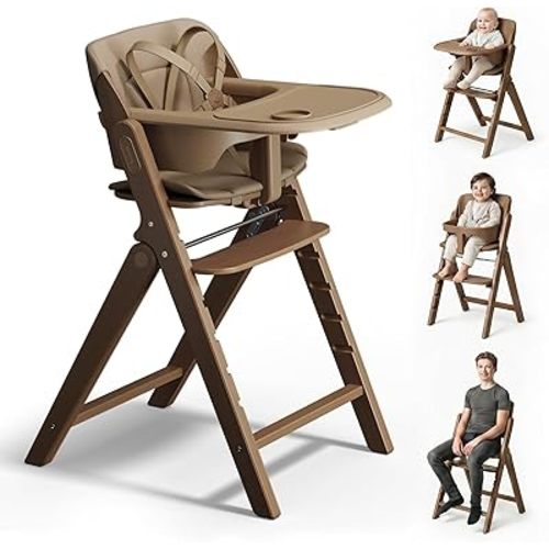 Mamazing GrowPod Pro Wooden Baby High Chair for 6 Months to 300lbs, Easy to Clean with Tray, Compact Foldable Highchair for Kitchen & Dining Room, with 5-Point Safety Harnesses and Guard Bar