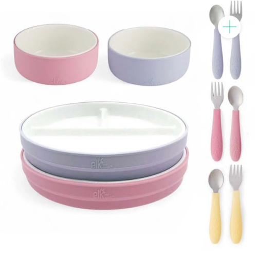 Kids Porcelain Mealtime Bundle | Normal Sleeves | 7.8" Plates, Bowls + Toddler Utensils | 10 Pcs | Blush/Lilac