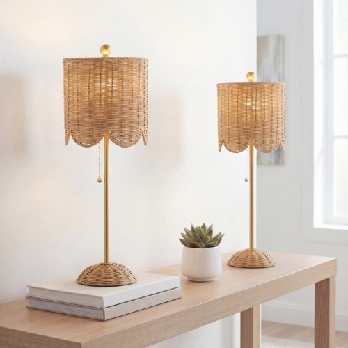 JONATHAN  Y Celerie Coastal Scalloped Rattan/Iron 27.5-in Natural/Brass Gold LED Pull-chain Buffet Table Lamp with Rattan Shade 2 -Set