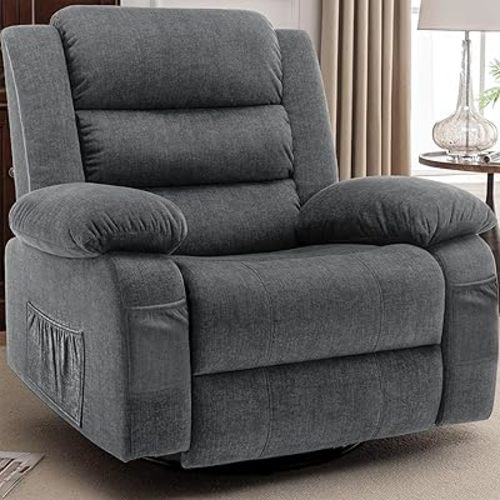 Recliner Chair, Wide Rocker Chair, Rocking Chair with Massage and Heat,360°Swivel Nursery Rocking Chairs, Oversized Recliner for Adults, Cashmere Reclining Sofa for Living Room, Grey
