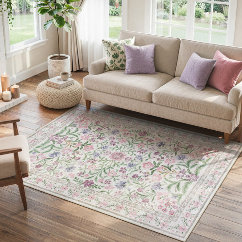 Winston Porter Kaldi Kaldi Oriental Botanical Floral Machine Washable Area Rug with Non-Slip Backing for Living Room, Dining Room, Bedroom & Reviews | Wayfair