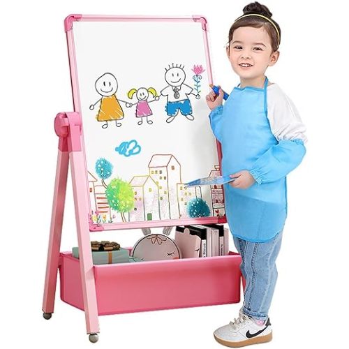 Art Easel for Kids, Double Sided Kids Easel Drawing Board, Whiteboard & Blackboard, 360°Rotating Adjustable, Standing Erasable Easel Board, Easel for Classroom (Pink)