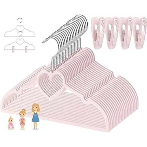 Kids Pink Velvet Clips Hangers - 13inch 50 Pack Baby Hanger with 20pcs Movable Clips, Stackable Non-Slip Heart Flocked Hangers Fit for Children and Toddler, Heavy-Duty and Space-Saving(Silver)