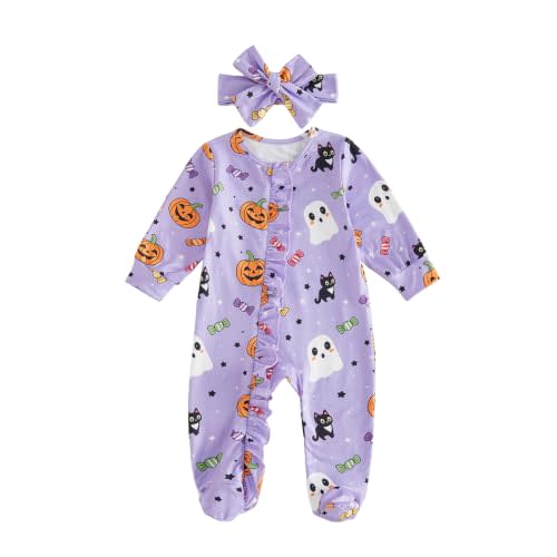 Cute Baby Girl Halloween Outfit Long Sleeve Ruffle Footie Pumpkin Romper | Halloween Baby Girl Clothes Newborn Ghost Jumpsuit Fall Clothes with Headband