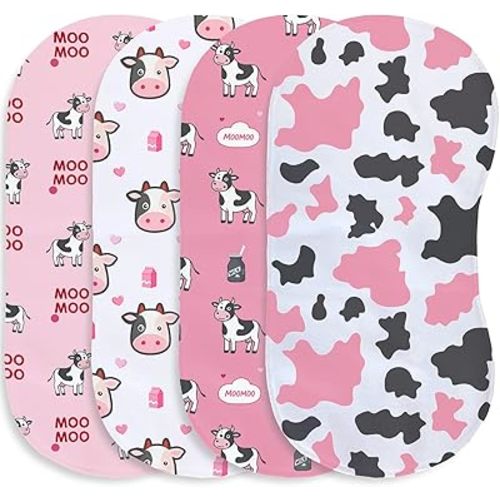 4 Pack Baby Burp Cloths for Girls, Soft Cotton, Pink Cow Print Design, Super Absorbent Baby Burping Cloths for Newborns, Machine Washable and Reusable Baby Spit-Up Cloths