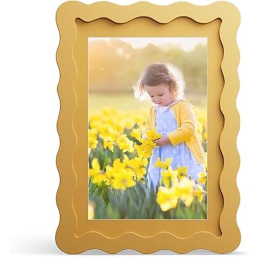5x7 Picture Frame with Mat for 4x6, Wavy Edge Wooden Real Glass Photo Frame for Tabletop and Wall Hanging, Yellow, 1 Pack