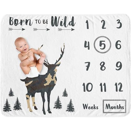 Sweet Jojo Designs Woodland Camo Deer Boy Milestone Blanket Monthly Newborn First Year Growth Mat Baby Shower Memory Keepsake Gift Picture - Beige Green Black Rustic Forest Animal Camouflage Arrows