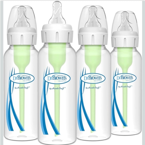 Dr. Brown's Natural Flow Anti-Colic Options+ Narrow Baby Bottle, 8 oz/250 mL, with Level 1 Slow Flow Nipples, 0m+, 4 Pack