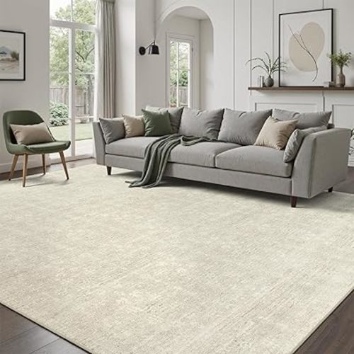 DCX 6x9 Beige Rug, Kid & Pet Friendly with Rubber Back Non Slip, Machine Washable Stain Resistant Neutral Floral Rug for Living Room, Bedroom, Home Office, Soft Low Pile Large Nursery Carpet