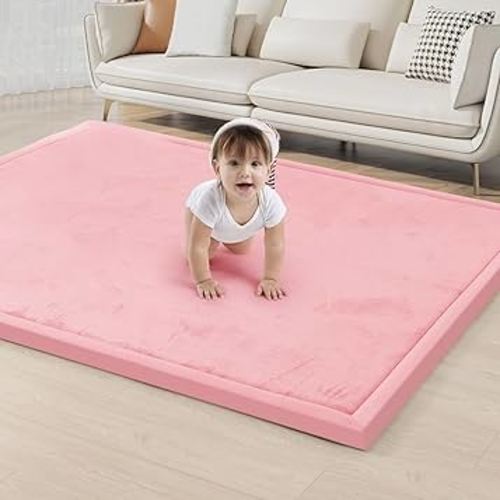 ACOMOPACK Baby Play Mat for Floor 1.3" Thick Memory Foam Play Mat 39"×59" Tummy Time Crawling with Non-Slip Bottom for Living Room,Nursery,Soft Velvet Playpen Mats for Kids,Infants(Pink)