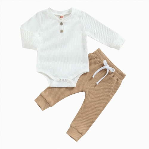 TOWED22 Newborn Baby Boy Girl Clothes Ribbed Knitted Cotton Long Sleeve Romper Long Pants Solid Color Fall Winter Outfits,Khaki,18-24 M