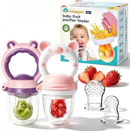 Baby Solids/Frozen Fruit Feeder Pacifier, Infant Teether Toy 4M+, BPA-Free Silicone Pouch & Nipple, Safely Introduce Solids, Teething Relief, 2-Pack