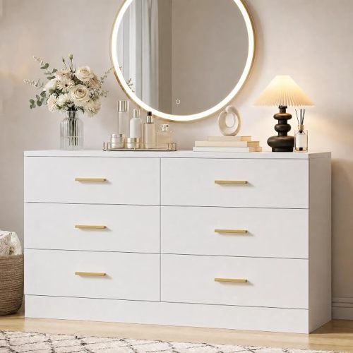 White 6 Drawer Dresser for Bedroom Modern Chests of Drawers with Gold Handle 47" Wooden Closet Dresser Long Storage Cabinet Organizer Dresser TV Stand