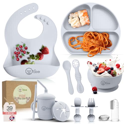 O'doe 11-Piece BPA-Free Silicone Baby Feeding Set | Thick & Soft Suction Plates, Baby Bowls, Wooden Fork & Spoon, and More | Make Mealtime Fun and Easy for Your Little One (Grey, V1)