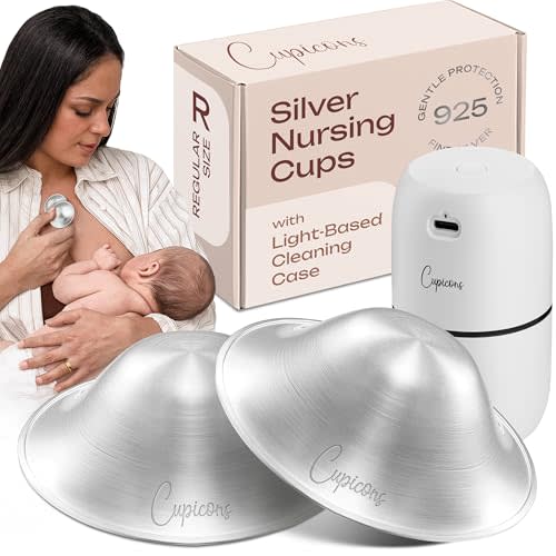 Silver Nursing Cups, Nipple Covers for Breastfeeding, Regular | Silver Plated Nipple Covers, Nickel-Free, Discreet Fit, Reusable Nursing Cups, USB Light Cleaning Case