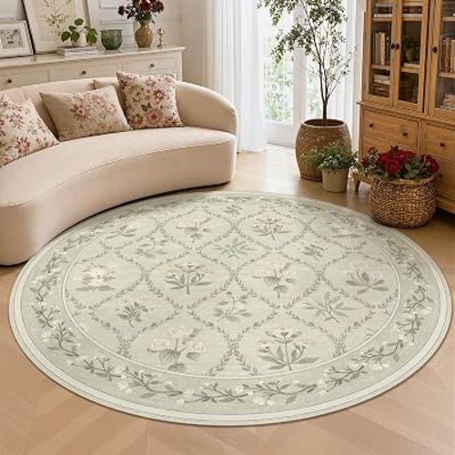 Green Floral Circle Rug for Living Room, 5ft Round Rugs Washable Boho Sage Green Rug for Dorm Soft Low Pile Non Slip Scalloped Rugs for Nursery Bedroom Decor Kids Room Playroom