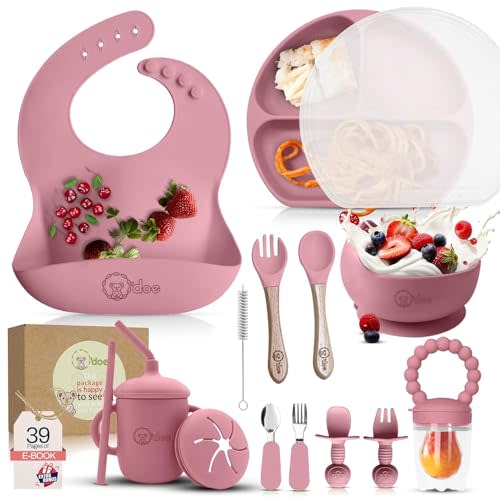 O'doe 17-Piece BPA-Free Silicone Baby Feeding Set | Thick & Soft Suction Plates, Baby Bowls, Wooden Fork & Spoon, and More | Make Mealtime Fun and Easy for Your Little One | Pink, V2