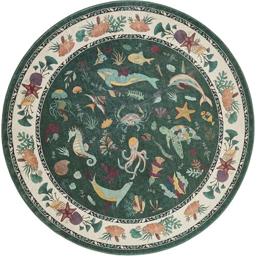 Soft Marine Animal Washable Faux Wool Stain Resistant Rug Rubber Non-Slip Backing for Playroom Bathroom Living Room Bedroom Bedside Beachy Cute Coastal Nautical Nursery Rug (Emerald, 5' Round)