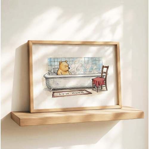 Classic Pooh in Bathtub PRINTABLE, Colorized Winnie the Pooh Bathroom Wall Art, Vintage Nursery Bath Decor, Humor Kids Bathroom Wall Art