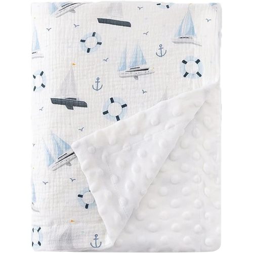 Sailboat Minky Baby Blanket for Boys Girls, 29.5'' x 39.3'' Soft Nursery Receiving Blankets with Muslin Cotton Front and Dotted Fleece Backing for Newborn Toddler Crib Stroller Car Seat