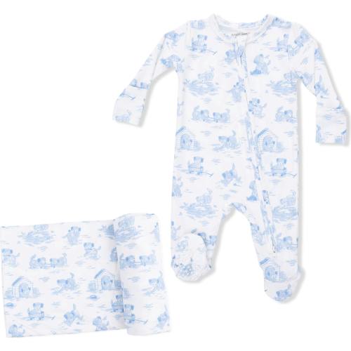 Puppy Toile Blue - 2 Way Zipper Footie & Swaddle Blanket Set
