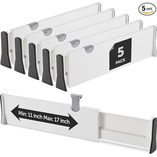 Adjustable Drawer Dividers [Set of 5] Adjustable Length 11" - 17" Drawer Organizers, Locks in Place, Easy-Assemble, Secured, Foam Ends, for Bedroom, Bathroom, Kitchen/Office Organization & Storage - Small