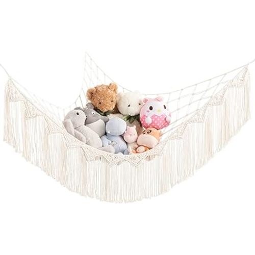 Mkono Stuffed Animal Hammock Corner Macrame Toy Storage Organizer with Lights and Tassels Boho Hanging Stuff Animals Net Large Capability Toys Display Holder for Nursery Kid Room Playroom, 1 piece
