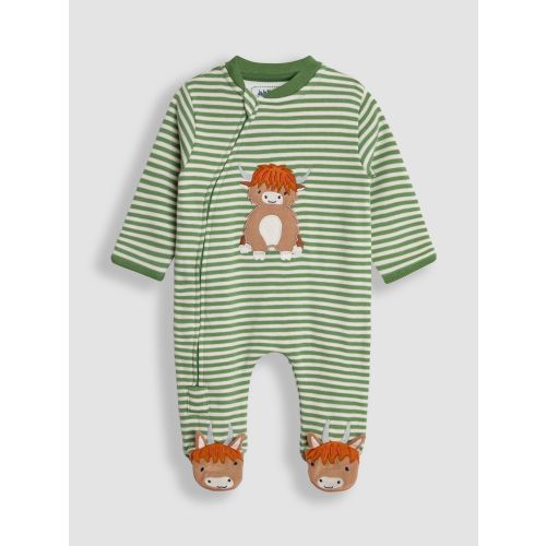 JoJo Maman Bébé Green Highland Cow Farmyard Appliqué Zip Sleepsuit