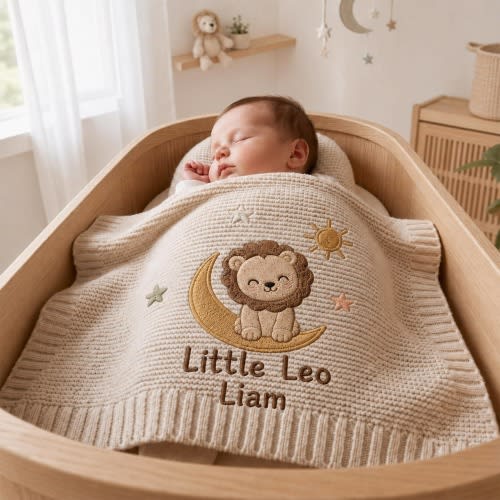 Custom Leo Baby Embroidered Blanket, Personalized Embroidered Baby Blanket, Embroidered Safari Lion Blanket, Custom Name Baby Blanket