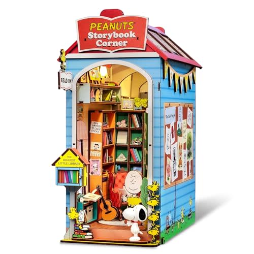 Hands Craft Peanuts Storybook Corner Book Nook Kit with Snoopy Figurine – Touch-Sensitive LED Light-Up House, 3D Wooden Puzzle – Bookshelf Diorama with Charlie Brown, Snoopy & Woodstock