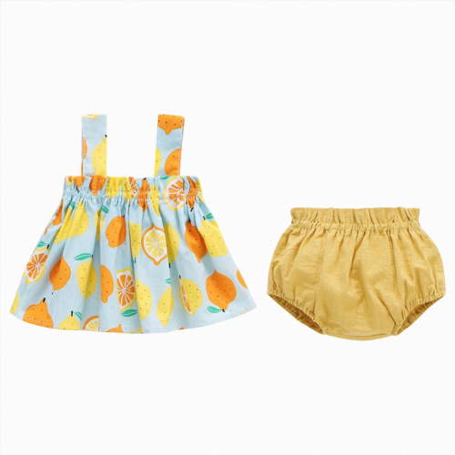 larppty Newborn Baby Girl Clothes 2PCS Cute Girls Summer Infant Outfits Floral Fruit Print Sleeveless Shirt and Shorts Play Set(6-9 Months,Blue)