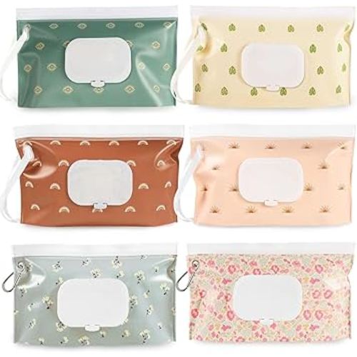 FEBSNOW 6 Pack Baby Wipes Dispenser, Portable Refillable Wipe Holder, Baby Wipes Container, Reusable Wipes Case, Baby Travel Wet Wipes Pouch (Morandi Color)