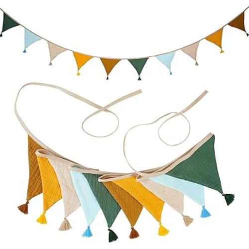 Fabric Bunting Banner, 2 Pack Handmade Neutral String Banner with Tassel Each 8.5 ft 10 Flags Nursery Wall Hanging Wedding Birthday Home Baby Shower Party Decoration Bunting