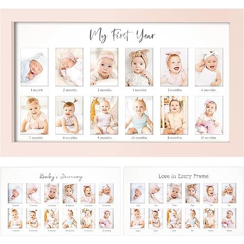 My First Year Photo Frame,12 Months Baby Picture Frame for Newborn Girl, Boy-Baby Shower Gifts Keepsakes,Monthly Baby's One Year Birthday Milestone,1st Nursery Photo Collage Display Board (Petal Pink)