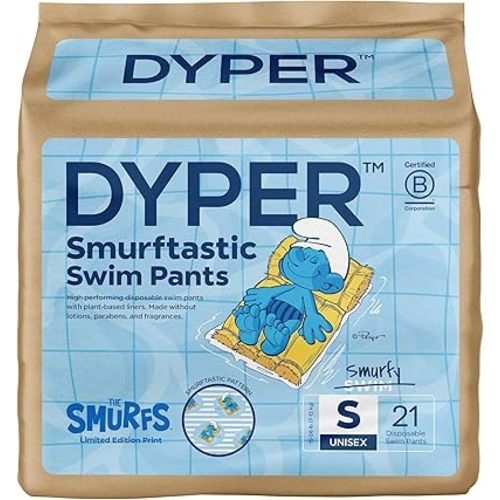 DYPER Smurftastic Baby Swim Diapers (21 Count), Hypoallergenic Plant-Based Baby Swim Diaper | Eco-Friendly & Absorbent Swimming Diapers for Babies, Size S