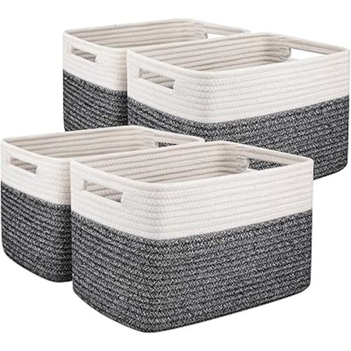OIAHOMY 4 Pack Storage Baskets for Organizing, Basket for Shelves with Handle, Woven Baskets for Storage Toys, Towels, Books, Cotton Rope Basket 13" L x 9 " W x 7.8 " H, Black & White