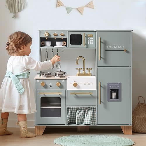 ROBOTIME Play Kitchen for Kids Toddlers, Wooden Pretend Play Kitchen Set Toy with Fridge, Ice Maker, Coffee Maker, Toys Kitchen Gift for 3+ Year Old Kids, Girls & Boys